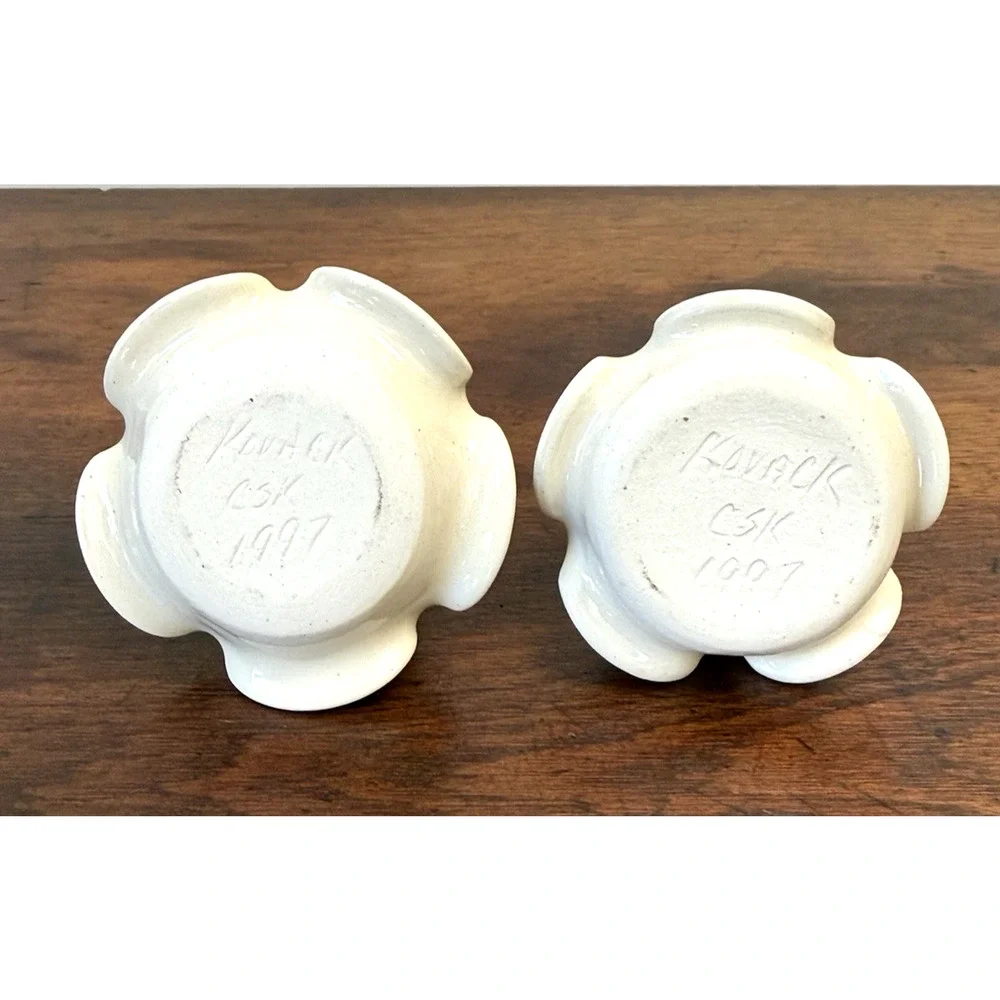 Set 2 Kovack NC Pottery Snowman Candle Holders Signed 1997 Hand Painted 3.25